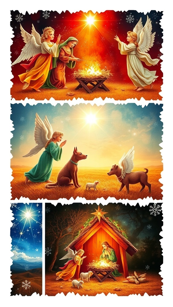 Collage of Christmas images representing the nativity, angels, and the star of Bethlehem.